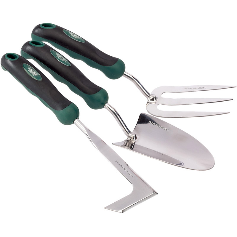 Draper Stainless Steel Heavy Duty Soft Grip Fork Trowel And Weeder Set (3 Piece)