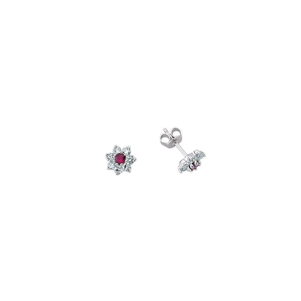 Albion Sterling Silver Cluster Studs With A Ruby Centre