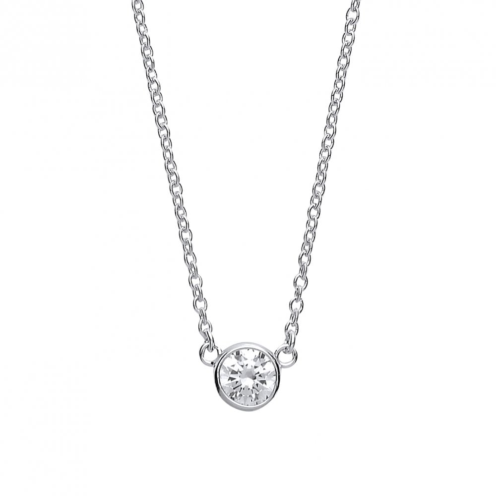 Albion Sterling Silver Ladies Necklace With Round Cubic Zirconia Rubover Pendant