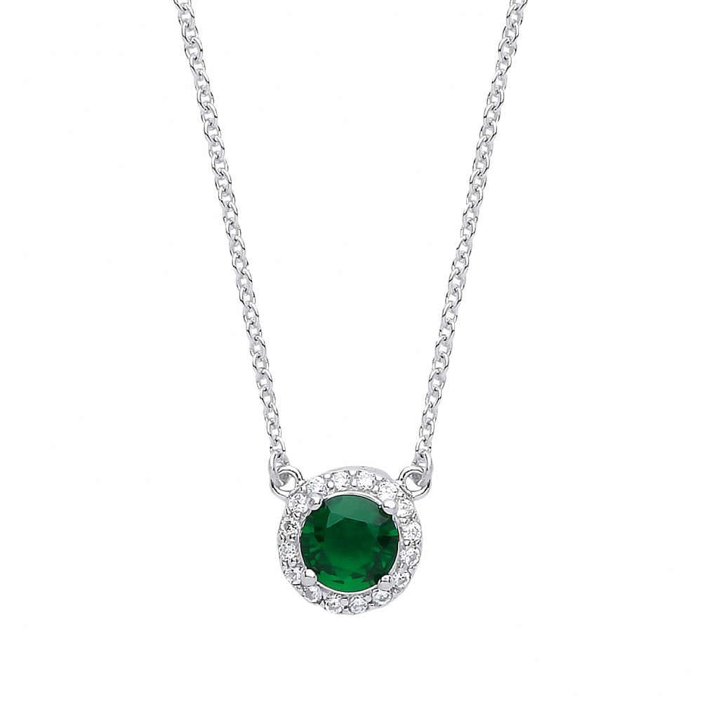 Albion Sterling Silver Necklace With Cubic Zirconia & Emerald Round Pendant